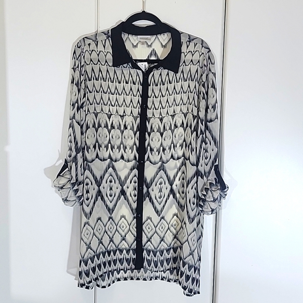 Avenue Black/Cream Geometric Pattern Sheer Collared Blouse 18/20
